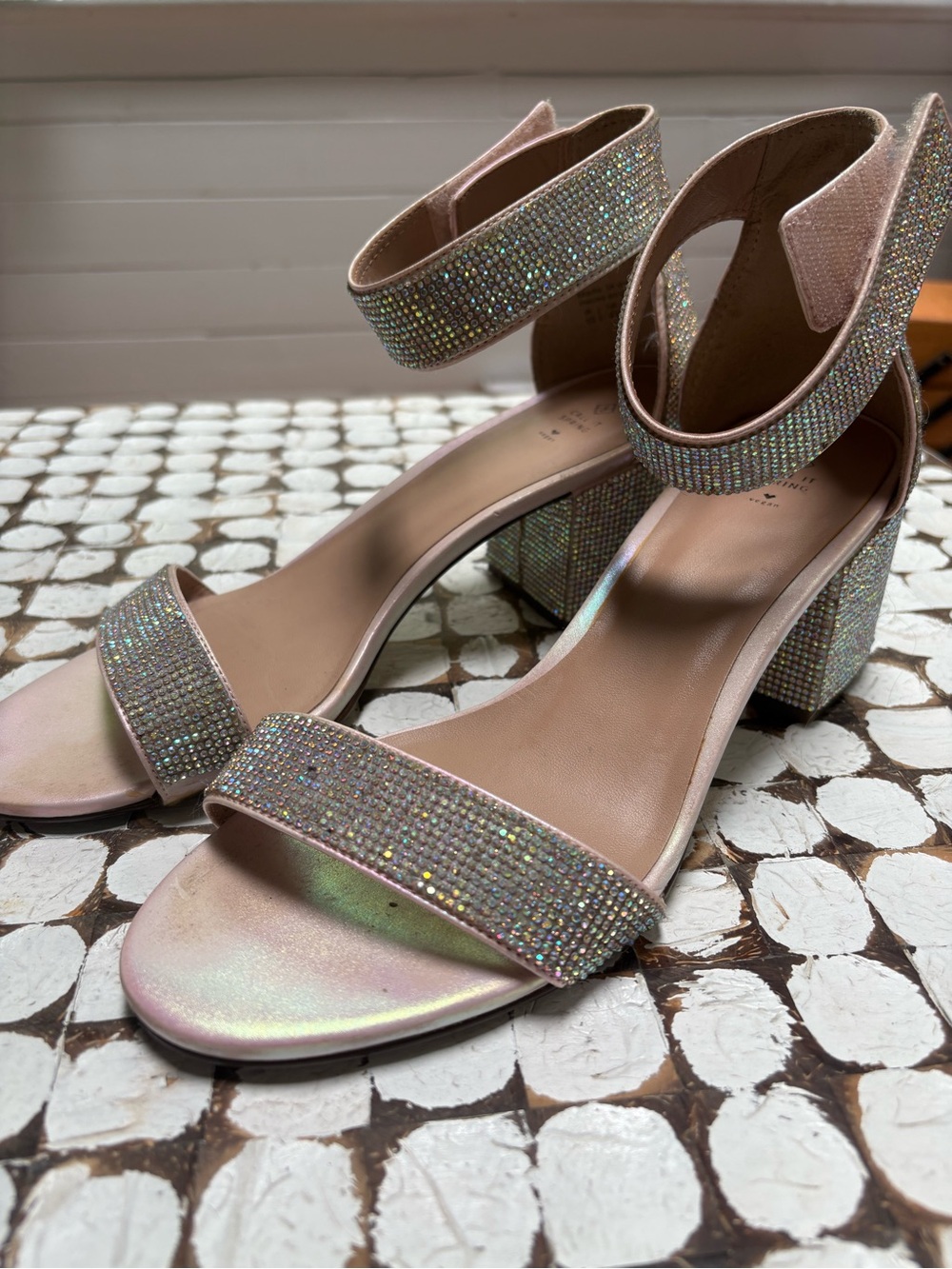 Iridescent Crystal Strap Block Heel Sandals - Women’s size 10